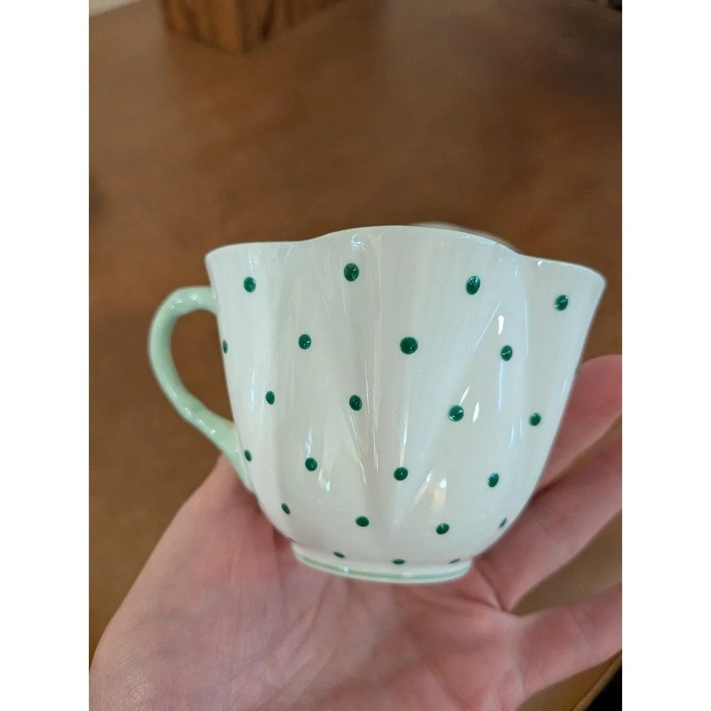 Shelley England Dainty Green Polka Dot Teacup and Saucer Fine Bone China 13748